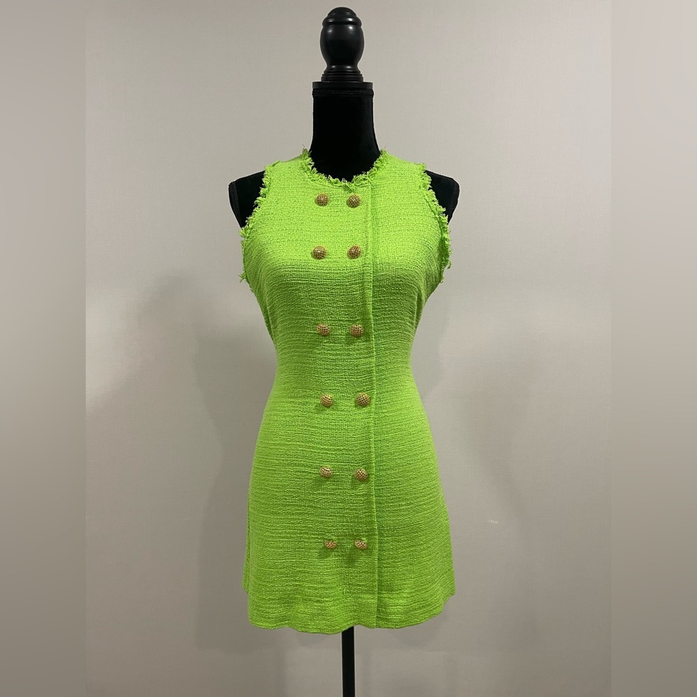 ZARA Green Tweed Textured Dress with Gold Buttons